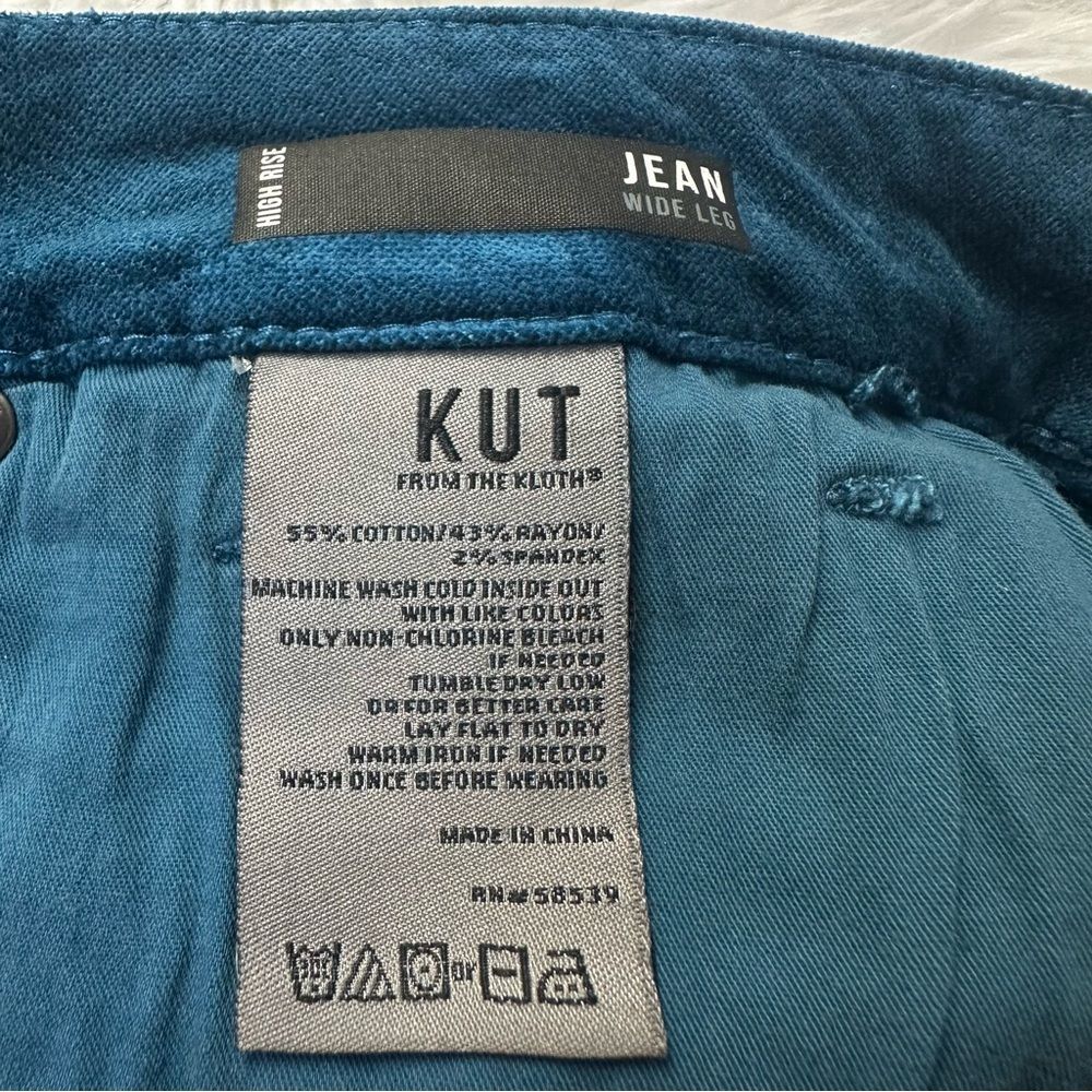 KUT from the Kloth High Rise Wide Leg Jeans 10 Teal Blue Soft Stretch Retro Boho - Picture 7 of 8